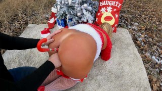 Hiker Caught on Horny Mrs. Claus while she MASTURBATES outdoors! He gets a HOLIDAY SURPRISE!